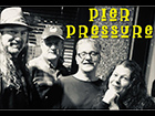 Image is grayscale photo of the four members of Pier Pressure band with their logo in yellow in the upper right corner