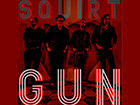 Image is a photograph with a red overlay of the four members of SquirtGun band leaning against a wall; logo is at top and bottom of image